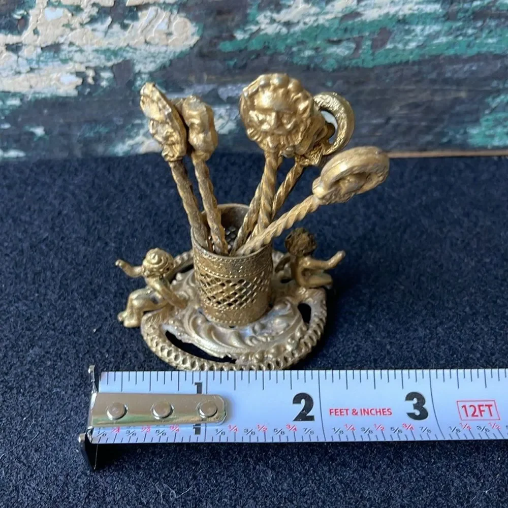 Baroque Cherub Cocktail Picks And Holder Gilt Ornate Vintage